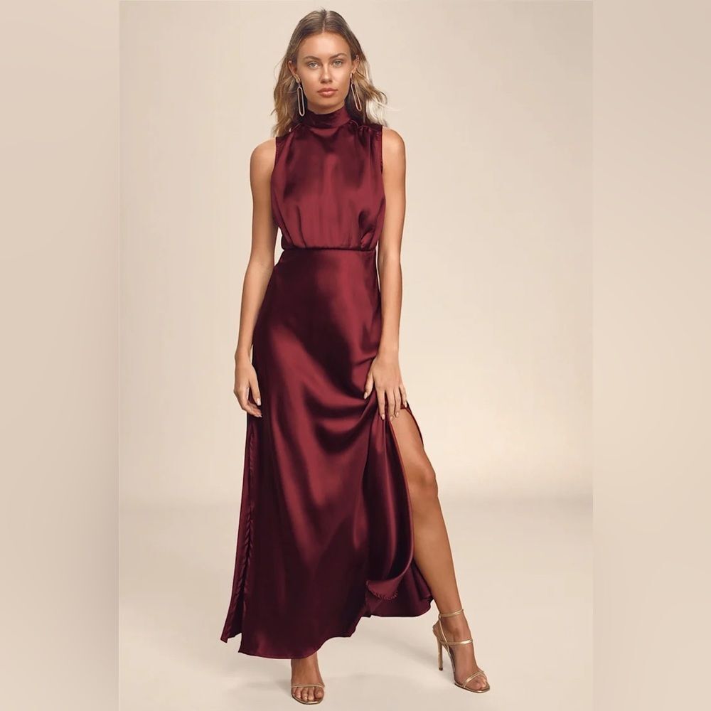 Lulus Classic Elegance Wine Satin Maxi Dress